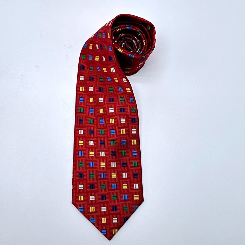 Rooster Mens Silk Necktie Red Geometric Multicolored Square Pattern Classic Tie